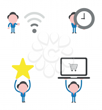Vector illustration set of businessman mascot character with wireless wifi symbol and low signal, holding clock, holding up star and holding up laptop computer and shopping cart.