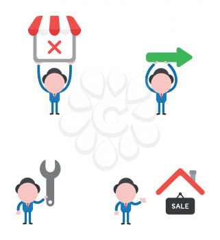 Vector illustration set of businessman mascot character holding up shop store with x mark, arrow sign, holding spanner and with sale hanging sign under house roof.