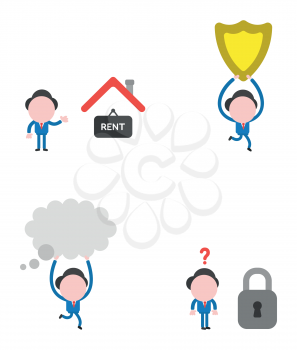 Vector illustration set of businessman mascot character with rent hanging sign under house roof, running and carrying guard shield, thought bubble and with closed padlock.