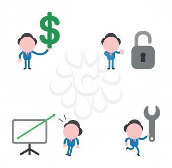 Vector illustration set of businessman mascot character holding dollar, with opened padlock, chart and arrow moving up, holding and running spanner.