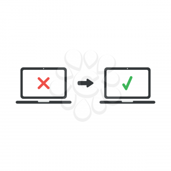 Vector illustration icon concept of laptop computer with x mark and check mark.