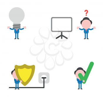 Vector illustration set of businessman mascot character with grey light bulb head, blank presentation chart, holding guard shield and plug plugged into outlet and holding check mark.