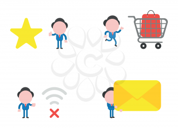 Vector illustration set of businessman mascot character with star, running to shopping bag inside shopping cart, with wifi wireless symbol and x mark, holding closed mail envelope.