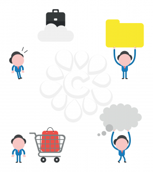 Vector illustration set of businessman mascot character looking briefcase on cloud, holding up closed file folder, with shopping bag inside shopping cart and walking, carrying thought bubble.