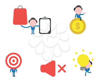 Vector illustration set of businessman mascot character holding shopping bag and clipboard with blank paper, sitting on dollar money coin, with bulls eye head and carrying light bubl idea to sound off icon.