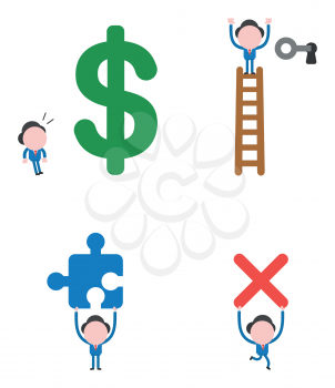 Vector illustration set of businessman mascot character looking big dollar money symbol, at top of ladder and unlock keyhole with key, holding up missing puzzle piece and running, carrying x mark.