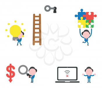 Vector illustration set of businessman mascot character climb ladder, unlock keyhole with key and carrying glowing light bulb idea, carrying four connected puzzle pieces, holding magnifying glass and looking dollar arrow moving down, with wireless wifi symbol and x mark inside laptop computer.