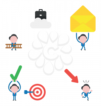 Vector illustration set of businessman mascot character carrying ladder to reach briefcase on cloud, walking and carrying open mail envelope, with bulls eye and dart in the center and holding up check mark, running away from arrow moving down.