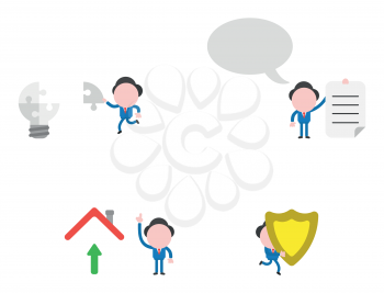 Vector illustration set of businessman mascot character running and carrying missing jigsaw puzzle piece to light bulb puzzle, with speech bubble and holding written paper, with arrow moving up under house roof, running and carrying guard shield.