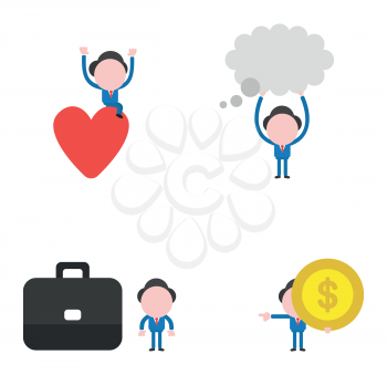 Vector illustration set of businessman mascot character sitting on heart, holding up thought bubble, with briefcase, holding dollar money coin and pointing.