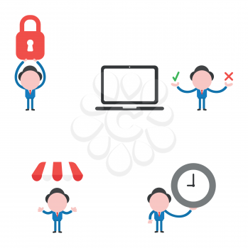 Vector illustration set of businessman mascot character holding up closed padlock, with laptop computer and holding check and x marks, under shop store roof, holding clock.