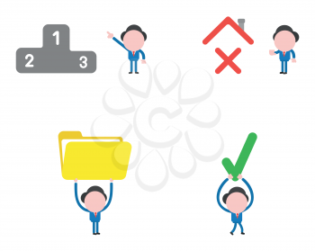 Vector illustration set of businessman mascot character pointing first place of winners podium, with x mark under house roof, holding open open file folder and carrying check mark.