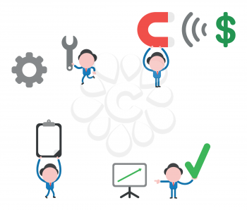 Vector illustration set of businessman mascot character carrying spanner to gear, holding up magnet and attracting dollar, carrying clipboard, holding check mark and pointing sales chart arrow up.