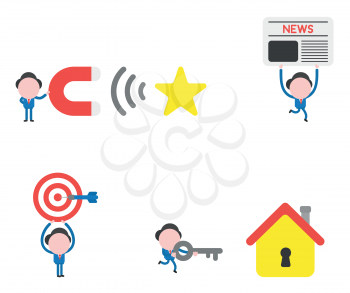 Vector illustration set of businessman mascot character holding magnet and attracting star, carrying newspaper, holding up bulls eye and dart in the center, carrying key to unlock house.