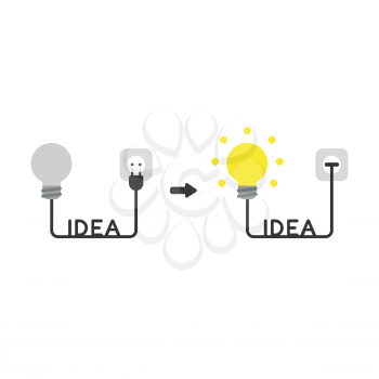 Vector illustration icon concept of light bulb with idea word cable and plugged into outlet and glowing.