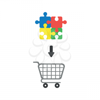 Vector illustration icon concept of connected four jigsaw puzzle pieces inside shopping cart.