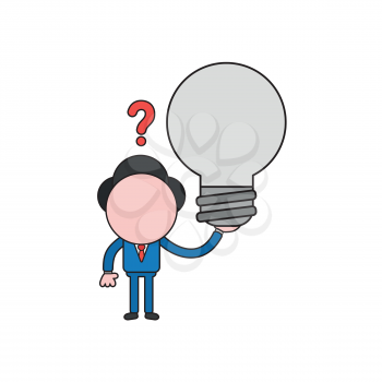 Vector illustration concept of businessman character confused and holding light bulb. Color and black outlines.