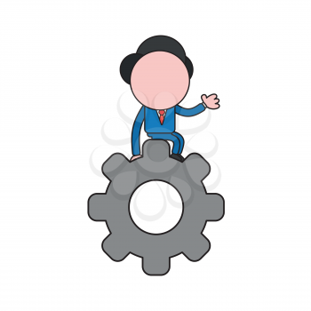 Vector illustration concept of businessman character sitting on gear. Color and black outlines.