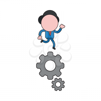 Vector illustration concept of businessman character running on gears. Color and black outlines.