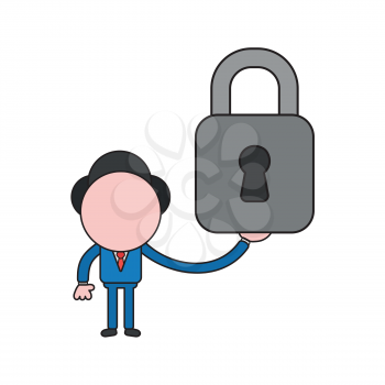 Vector illustration concept of businessman character holding closed padlock. Color and black outlines.