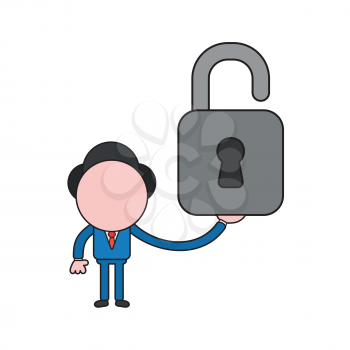 Vector illustration concept of businessman character holding opened padlock. Color and black outlines.