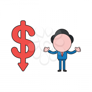Vector illustration concept of businessman character with dollar symbol arrow moving down. Color and black outlines.