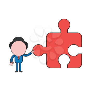 Vector illustration concept of businessman character holding missing jigsaw puzzle piece. Color and black outlines.