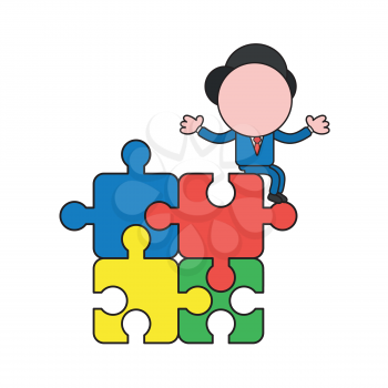 Vector illustration concept of businessman character standing on four connected jigsaw puzzle pieces. Color and black outlines.