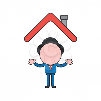 Vector illustration concept of businessman character under house roof. Color and black outlines.