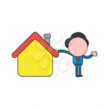 Vector illustration concept of businessman character leaning on house. Color and black outlines.