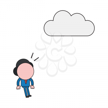 Vector illustration concept of businessman character surprised and looking cloud. Color and black outlines.