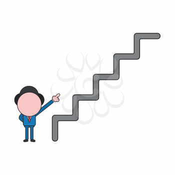 Vector illustration concept of businessman character pointing top of stairs. Color and black outlines.