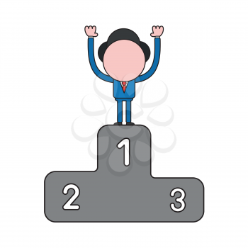 Vector illustration concept of businessman character standing on first place of winners podium. Color and black outlines.