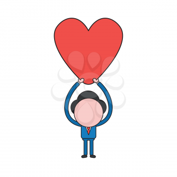 Vector illustration concept of businessman character holding up heart. Color and black outlines.