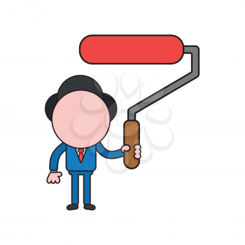 Vector illustration concept of businessman character holding paint brush roller. Color and black outlines.