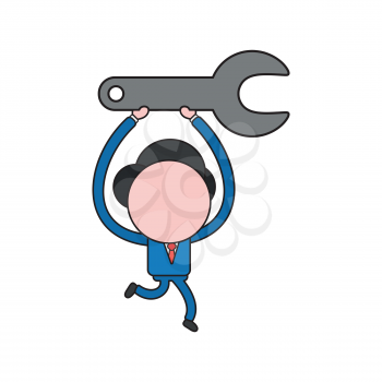 Vector illustration concept of businessman character running and carrying grey spanner. Color and black outlines.