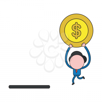 Vector illustration concept of businessman character running and carrying dollar coin to moneybox hole. Color and black outlines.