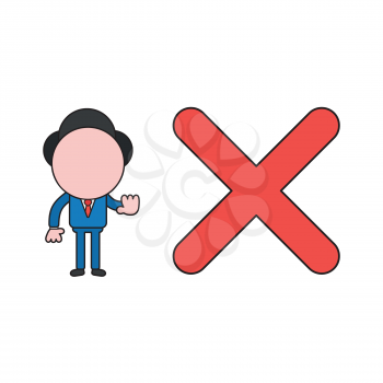 Vector illustration concept of businessman character with x mark and showing stop gesture. Color and black outlines.