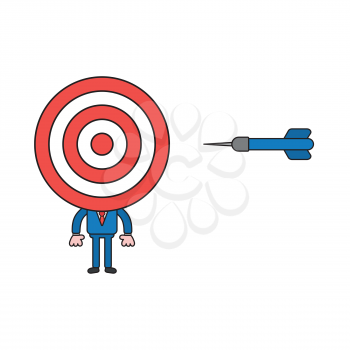 Vector illustration concept of businessman character with bulls eye head and dart. Color and black outlines.