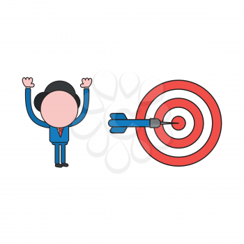 Vector illustration concept of businessman character with bulls eye and dart in the center. Color and black outlines.