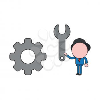 Vector illustration concept of businessman character with gear and holding spanner. Color and black outlines.