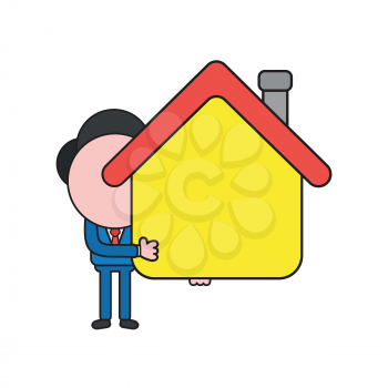 Vector illustration concept of businessman character holding house. Color and black outlines.