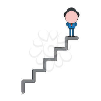 Vector illustration concept of businessman character standing on top of stairs. Color and black outlines.