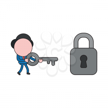 Vector illustration concept of businessman character walking and carrying key to unlock padlock. Color and black outlines.
