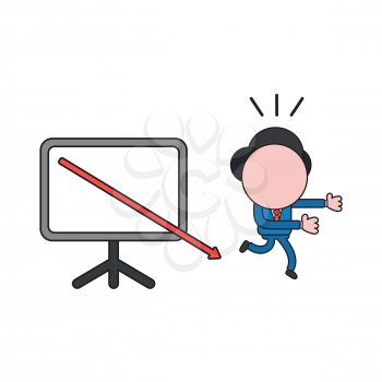 Vector illustration concept of businessman character running away from sales chart arrow moving down. Color and black outlines.