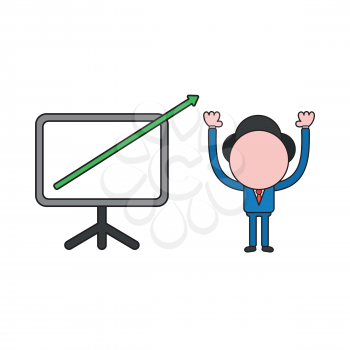 Vector illustration concept of businessman character with sales chart arrow moving up and out of chart. Color and black outlines.