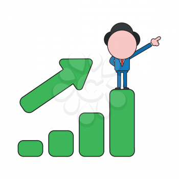Vector illustration concept of businessman character standing on top of sales bar graph moving up. Color and black outlines.