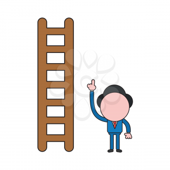 Vector illustration concept of businessman character with wooden ladder and pointing up. Color and black outlines.
