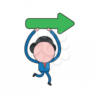 Vector illustration concept of businessman character running and holding up arrow pointing right. Color and black outlines.