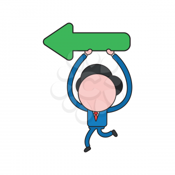 Vector illustration concept of businessman character running and holding up arrow pointing left. Color and black outlines.